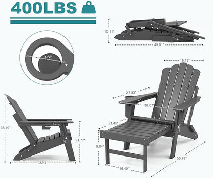FOOWIN Adjustable Adirondack Chair with Retractable Ottoman Set of 6, Folding Adirondack Chair with Cup Holder, HDPE All-Weather Fire Pit Chair for Patio, Yard, Poolside, Grey
