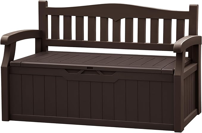 JUMMICO 80 Gallon Resin Outdoor Storage Bench, Large Deck Box with Armrest, Lockable&Waterproof for Garden, Home, Patio, Pools (Brown, 80 Gallon)