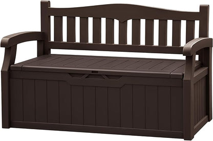 JUMMICO 80 Gallon Resin Outdoor Storage Bench, Large Deck Box with Armrest, Lockable&Waterproof for Garden, Home, Patio, Pools (Brown, 80 Gallon)