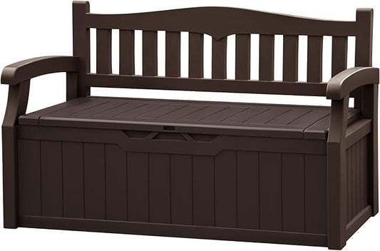 JUMMICO 80 Gallon Resin Outdoor Storage Bench, Large Deck Box with Armrest, Lockable&Waterproof for Garden, Home, Patio, Pools (Brown, 80 Gallon)