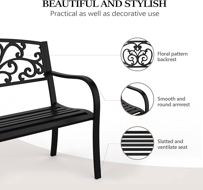Bonnlo Garden Bench Outdoor Bench Steel Frame Furniture Patio Bench Seating Park Patio Seat