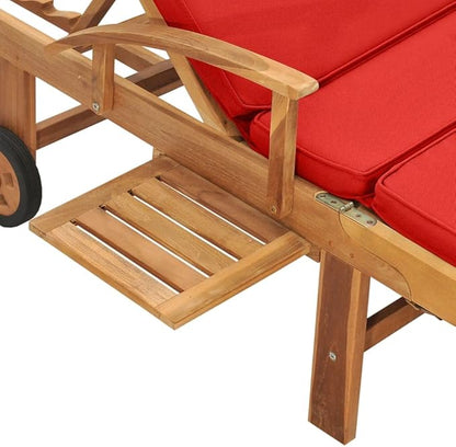Solid Teak Wood Sun Lounger with Red Cushion, Adjustable Backrest Patio Chair with Wheels, Heavy Duty Outdoor Poolside Lounge Bed for Garden, 76.8 x 23.4 Inches