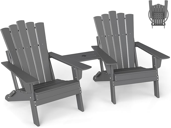 GREENVINES Folding-Adirondack-Chairs-Set-of-2 | HDPE Plastic | Throne Series | Fire Pit Chair | with Connecting Tray | Removable Table | All Weather | for Outdoor Patio Deck Poolside | Grey