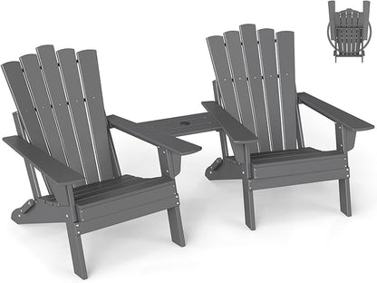 GREENVINES Folding-Adirondack-Chairs-Set-of-2 | HDPE Plastic | Throne Series | Fire Pit Chair | with Connecting Tray | Removable Table | All Weather | for Outdoor Patio Deck Poolside | Grey