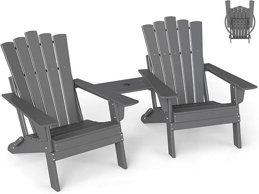 GREENVINES Folding-Adirondack-Chairs-Set-of-2 | HDPE Plastic | Throne Series | Fire Pit Chair | with Connecting Tray | Removable Table | All Weather | for Outdoor Patio Deck Poolside | Grey