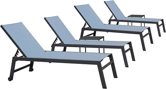 PURPLE LEAF 6-Piece Outdoor Chaise Lounge Oversized Pool Lounge Chairs with Easy-to-Move Wheels and Adjustable Backrest Extra Large Patio Loungers for Poolside Deck Beach Yard Table Included, Teal