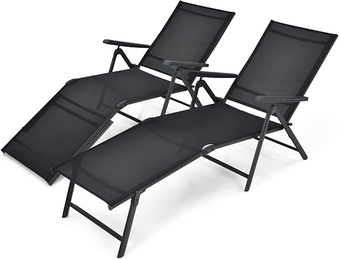 Giantex Set of 2 Patio Lounge Chair Foldable Chaise Lounger, Outdoor Sunbathing Chair W/ 5-Position Backrest, 2-Position Footrest, Portable Recliner for Yard, Lawn Tanning Pool Chairs (Black)