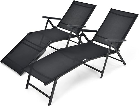 Giantex Set of 2 Patio Lounge Chair Foldable Chaise Lounger, Outdoor Sunbathing Chair W/ 5-Position Backrest, 2-Position Footrest, Portable Recliner for Yard, Lawn Tanning Pool Chairs (Black)