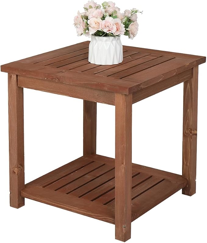 Outdoor Wooden Side Table with 2 Layer Storage, Patio Coffee End Tables, All Weather for Patio, Backyard, Pool, Indoor Use