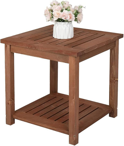Outdoor Wooden Side Table with 2 Layer Storage, Patio Coffee End Tables, All Weather for Patio, Backyard, Pool, Indoor Use