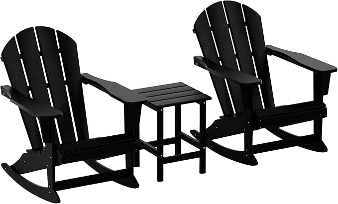 WO WESTIN OUTDOOR HDPE Laguna Outdoor Rocking Poly Adirondack Chair with Side Table 3-Piece Set, Black