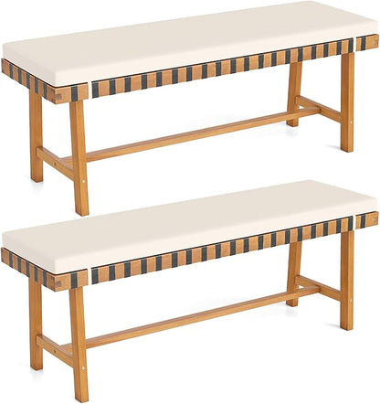 Tangkula Acacia Wood Outdoor Bench with Padded Cushion, 48" Long Dining Bench with Washable Zippered Cover, Backless Wooden Entryway Bench, Garden Poolside Porch Balcony Deck Indoor Furniture (2)