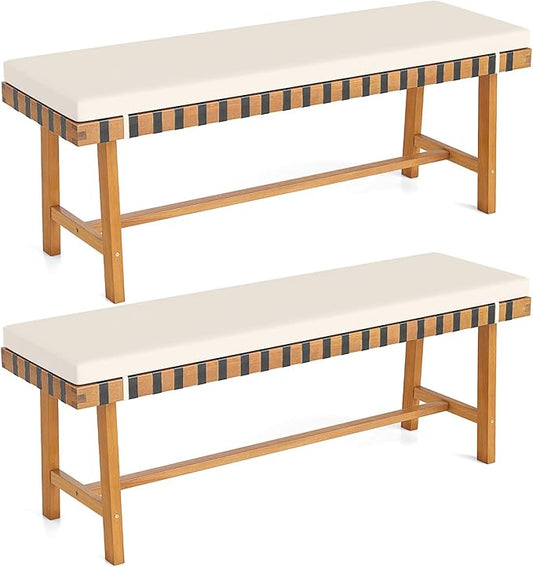 Tangkula Acacia Wood Outdoor Bench with Padded Cushion, 48" Long Dining Bench with Washable Zippered Cover, Backless Wooden Entryway Bench, Garden Poolside Porch Balcony Deck Indoor Furniture (2)