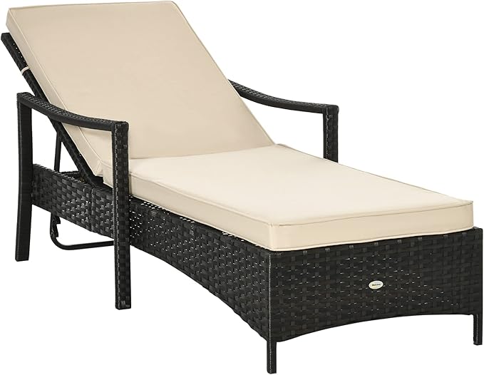 Outsunny Wicker Chaise Lounge, 4 Position Adjustable Backrest and Cushions Outdoor Lounge Chair PE Rattan Sun Lounger - Photo 1