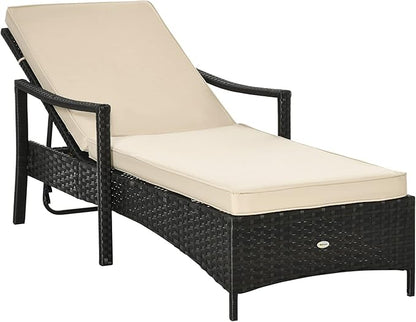 Outsunny Wicker Chaise Lounge, 4 Position Adjustable Backrest and Cushions Outdoor Lounge Chair PE Rattan Sun Lounger for Poolside, Balcony or Garden, Beige
