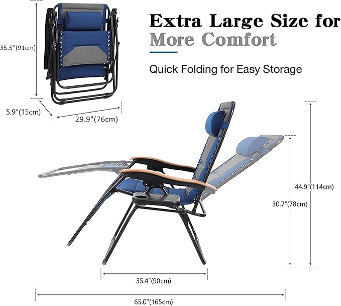 PHI VILLA XXL Oversized Padded Zero Gravity Chair Set of 2, Foldable Patio Recliner, 30" Wide Seat Anti Gravity Lounger with Armrest and Cup Holder, Support 400 LBS (Thumb Blue)