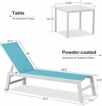PURPLE LEAF Patio Lounge Chair 2 Pieces White Aluminum Outdoor Chaise Lounge for Pool Backyard Beach with Wheels and Table, Turquoise