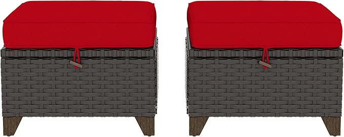 2 Pieces Patio Outdoor Ottomans with Removable and Washable Covers，PE Rattan Wicker Footstools for Porch, Garden - Photo 7