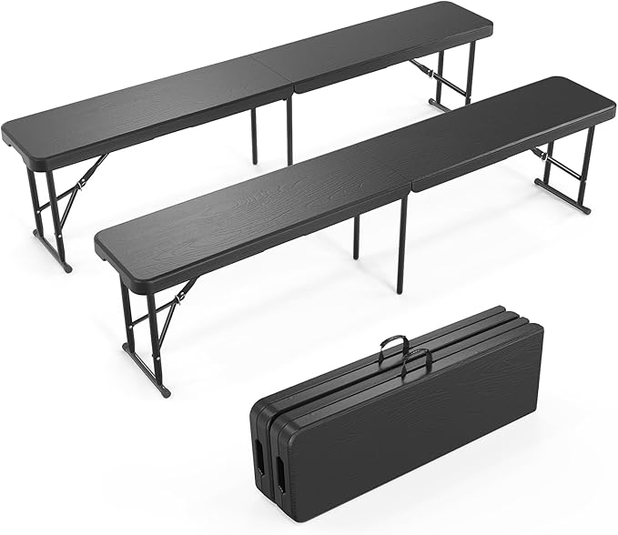 VINGLI 6 feet Plastic Folding Bench,Portable in/Outdoor Picnic Party Camping Dining Seat, Garden Soccer Multipurpose Entertaining Activities, Smooth HDPE Tabletop (2, Black, 6ft)