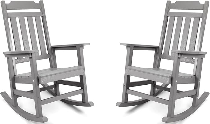Rocking Chairs Set of 2, All Weather Resistant Poly Lumber Outdoor Porch Rocker, Rocking Chairs for Outdoor, Indoor, Patio, Deck, Garden, Backyard, Load Bearing 380 lbs - Grey