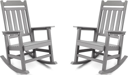 Rocking Chairs Set of 2, All Weather Resistant Poly Lumber Outdoor Porch Rocker, Rocking Chairs for Outdoor, Indoor, Patio, Deck, Garden, Backyard, Load Bearing 380 lbs - Grey