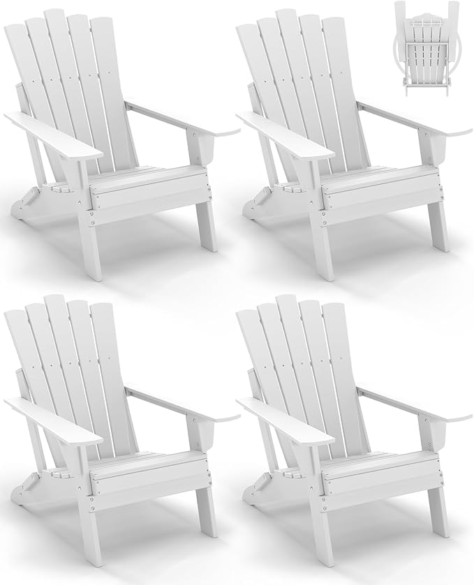 GREENVINES Folding-Adirondack-Chairs-Set-of-4 | HDPE Plastic | Throne Series | Fire Pit Chair | All Weather | for Outdoor Patio Deck Backyard Poolside | White