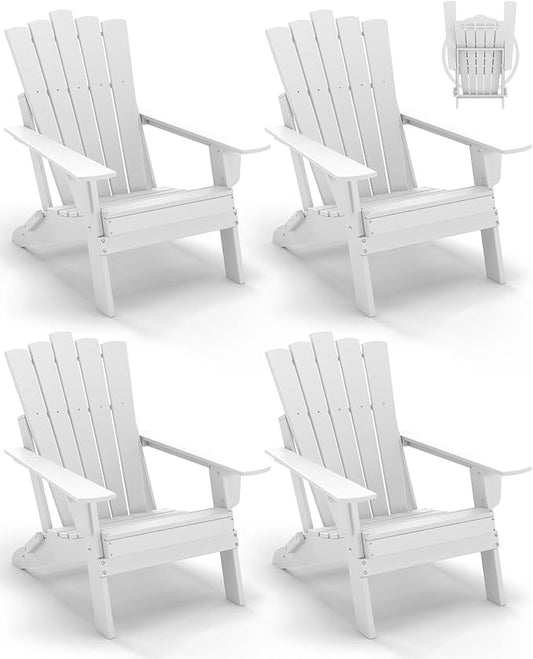 GREENVINES Folding-Adirondack-Chairs-Set-of-4 | HDPE Plastic | Throne Series | Fire Pit Chair | All Weather | for Outdoor Patio Deck Backyard Poolside | White