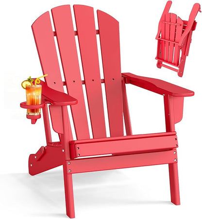 BRIOPAWS Folding-Adirondack-Chair | HDPE Plastic | Fire Pit Chairs | Cup Holder | Curved Back | All Weather | for Outdoor Backyard Deck Patio | Red