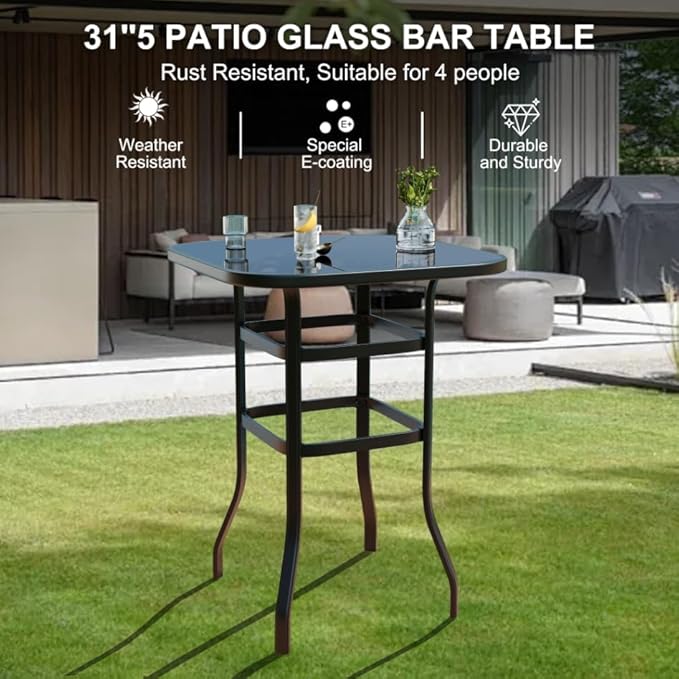 31.5 Inch Outdoor Patio Bar Table with Tempered Glass Top, Square High Top Pub Table All Weather Metal Frame for Balcony, Backyard, Poolside, Garden Furniture