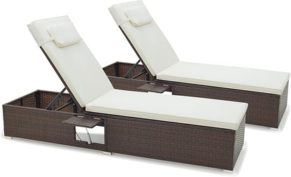 Tangkula Patio Chaise Lounge Set of 2, Outdoor Rattan Lounge Chair with 6-Level Backrest, Comfy Seat Cushion & Headrest, Sturdy Metal Frame, Outside Reclining Chair for Backyard (2, Off White)