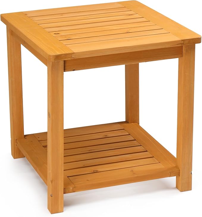Outvita Patio Small Side Table, Acacia Wood 18 inch Double-Deck Coffee Table with Storage Tier for Living Room, Garden, Balcony, Porch, Deck (Teak Color)