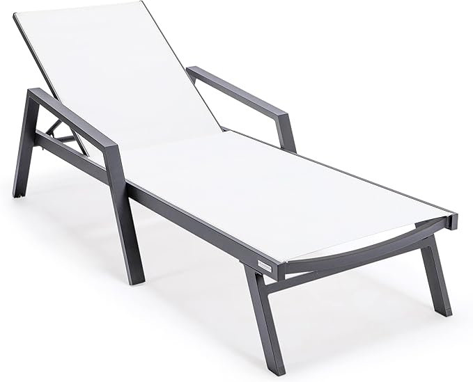 LeisureMod Marlin Patio Chaise Lounge Chair, Adjustable Outdoor Black Aluminum Lounge with Breathable Mesh Sling Back, Lightweight Poolside Reclining Sun Lounger Weather & UV Resistant (White)