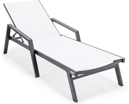 LeisureMod Marlin Patio Chaise Lounge Chair, Adjustable Outdoor Black Aluminum Lounge with Breathable Mesh Sling Back, Lightweight Poolside Reclining Sun Lounger Weather & UV Resistant (White)