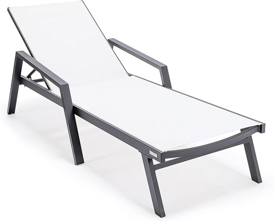LeisureMod Marlin Patio Chaise Lounge Chair, Adjustable Outdoor Black Aluminum Lounge with Breathable Mesh Sling Back, Lightweight Poolside Reclining Sun Lounger Weather & UV Resistant (White)