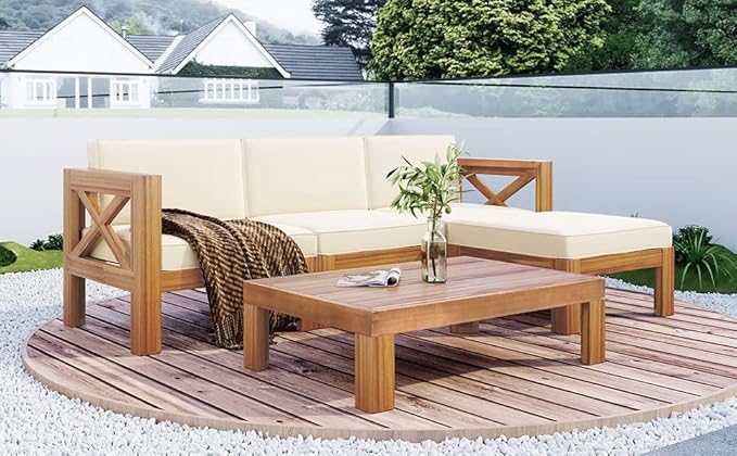 Quarte 5 Piece Outdoor Acacia Wood Sofa Set, X-Back Frames Design, Sectional Sofa Seating Group Set with Cushions