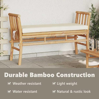 vidaXL Garden Bench with Cushion Brown 110 x 38 x 65cm Bamboo, Modern Outdoor Furniture, Rectangular Bench for Relaxing, Eco-Friendly Patio Seat, Durable for Your Garden!