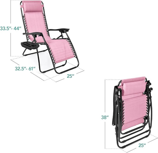 Best Choice Products Set of 2 Adjustable Steel Mesh Zero Gravity Lounge Chair Recliners w/Pillows and Cup Holder Trays - Bubblegum Pink/Black