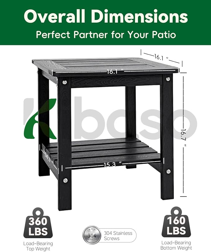 Kibaso-Adirondack Outdoor Side Table, 2-Tier HDPE Outdoor End Table, Weather Resistant Easy Maintenance, Small Patio Side Table for Patio, Pool, Porch, Garden, Lawn, and Living Room (1, Black)