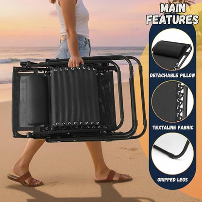 EZONE Zero Gravity Lounge Chairs Outdoor Adjustable Reclining Patio Chair Steel Mesh Folding Recliner for Pool Beach Camping Lounge Chair with Pillows and Cup Tray (2, Black)