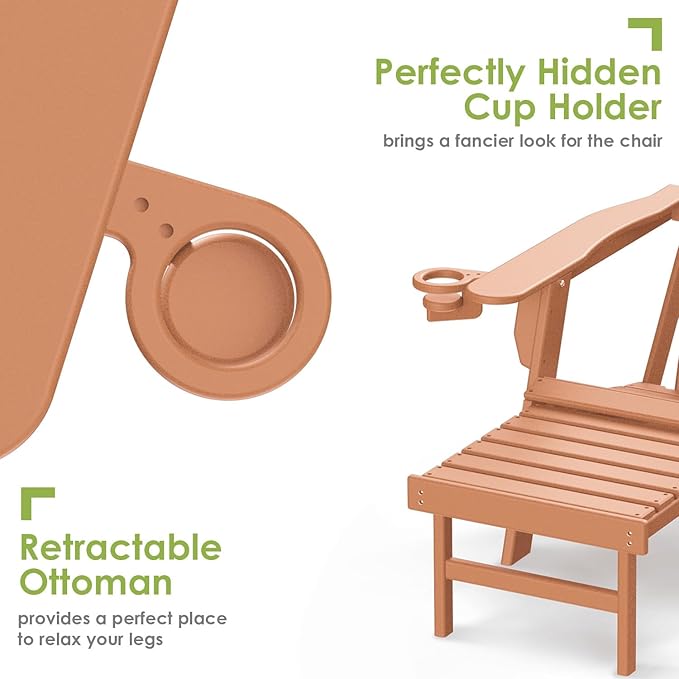 GREENVINES Adirondack-Chairs-with-Ottoman | Set of 2 | Folding | Retractable-Footrest | HDPE Plastic | All Weather Fire Pit Chair | Cup Holders | Teak | for Outdoor Poolside