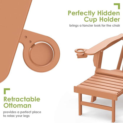 GREENVINES Adirondack-Chairs-with-Ottoman | Set of 2 | Folding | Retractable-Footrest | HDPE Plastic | All Weather Fire Pit Chair | Cup Holders | Teak | for Outdoor Poolside