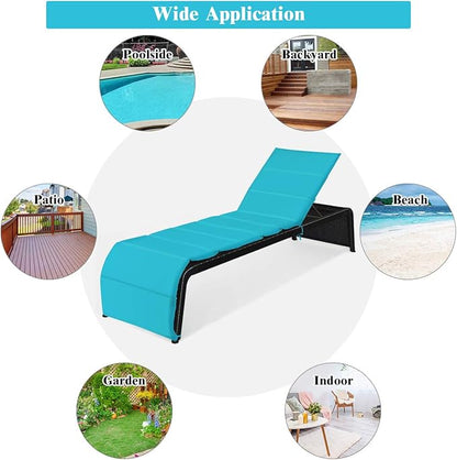 COSTWAY Patio Rattan Lounge Chair Cushioned Chaise Recliner Chair with Adjustable Back Garden Backyard Poolside Turquoise