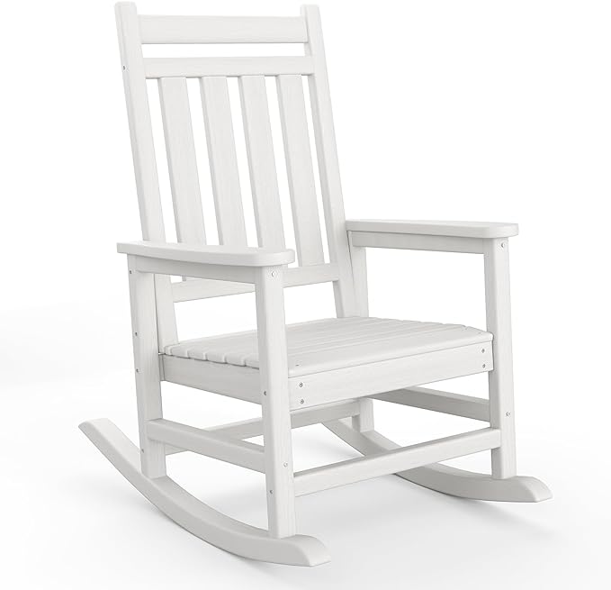 GarveeHome Adirondack Outdoor Rocking Chair, All Weather HDPE Plastic Patio Rocker Chair with Wide Armrests, Classic Fire Pit Chair for Porch, Deck, Lawn, Garde, 380LBs, Easy to Install, White