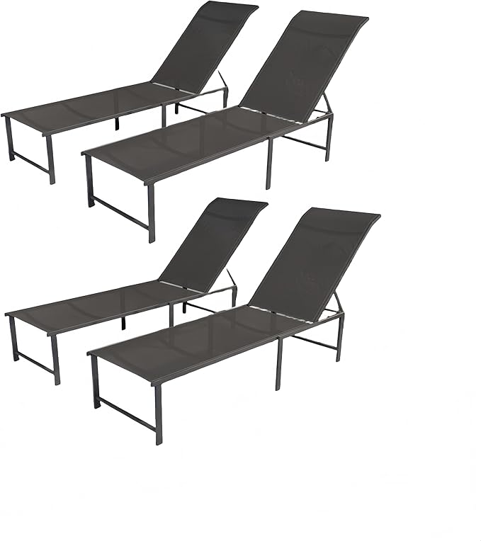 Lounge Chair Outdoor Set of 4, Foldable & Assembly Free Aluminum Chaise Lounge Chair with 5-Position Recliner, Pool Lounge Chairs for Outside Poolside Beach Lawn (Black)