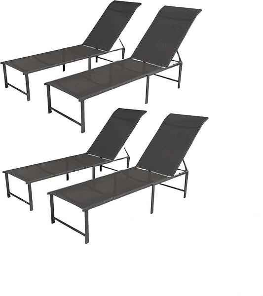 Lounge Chair Outdoor Set of 4, Foldable & Assembly Free Aluminum Chaise Lounge Chair with 5-Position Recliner, Pool Lounge Chairs for Outside Poolside Beach Lawn (Black)