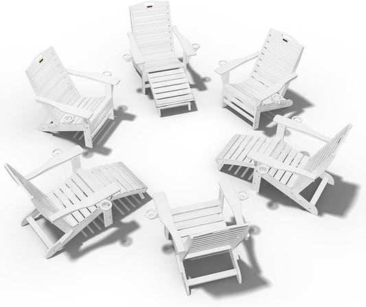 Ciokea Folding Adirondack Chair Set of 6 with Retractable Ottoman Fire Pit Patio Chair with Pull Out Foot Rest Weather Resistant Lawn Outdoor Chair with 2 Cup Holder (White)