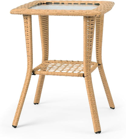 Outdoor Wood Coffee Table, Wicker Side Table, Rattan End Table with Glass Top, Patio Coffee Bistro Table for Indoor Garden Porch Balcony, Beige