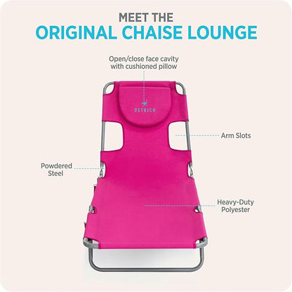 Ostrich the Original Chaise 72 x 22 Inch Lounge Portable Reclining Lounger, Outdoor Patio, Beach, Lawn, Camping, or Pool Tanning Chair, Pink