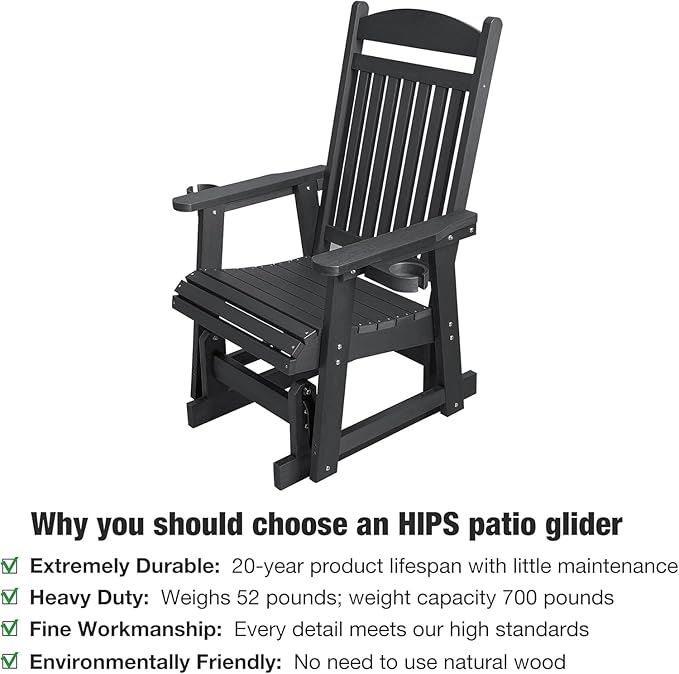 Poly Lumber Patio Glider for One Person, with Cup Holders, High Backrest and Deep Contoured Seat, HIPS Material - Photo 3