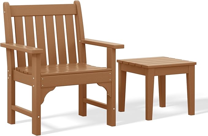 Costaelm Outdoor Patio Table and Chairs Set of 2, 2-Piece HDPE Garden Chair with Square Adirondack Side Table Set, Porch Chairs Coffee Table for Outside Porch Backyard, Teak